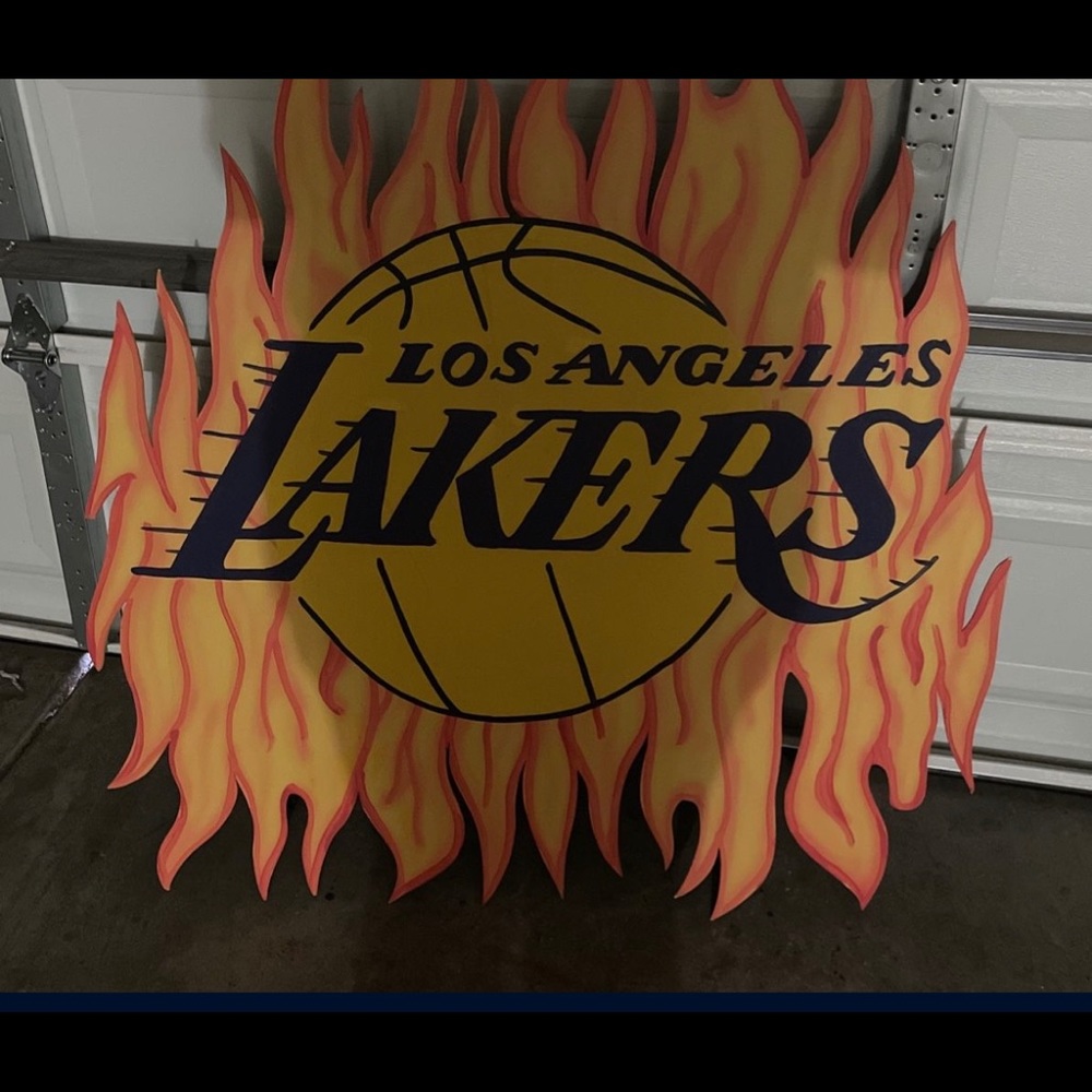An lakers sign big yellow orange and purple can hang it up on wall